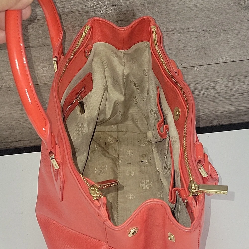 Tory Burch Red Coral Saffiano/ Patent Leather Satchel Handbag